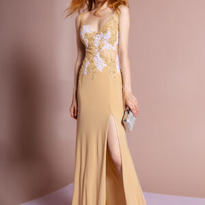 NEW TAUPE  V-Neck Lace Bodice Leg Slit Sheath Evening Wedding Dress GL2052